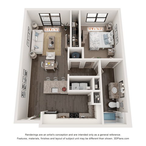 Floor plan for 1 bed, 1 bath, 705 sqft